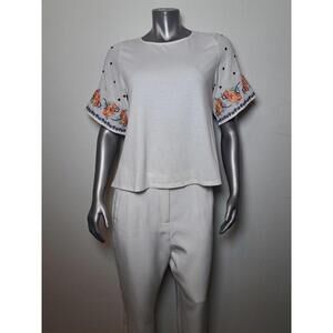 THML Women's White Cotton Embroidered Short Sleeve Blouse M